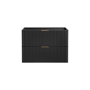 Czarna szafka pod umywalkę t.b.t. z dwiema szufladami i złotymi uchwytami.