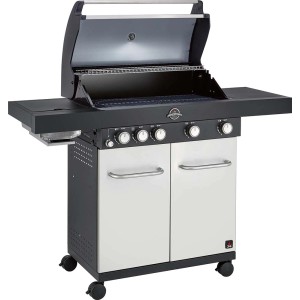 Grill gazowy t.b.t. z półkami bocznymi i szafką do przechowywania.