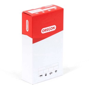 Opakowanie łańcucha tnącego Oregon, czerwono-białe kartonowe pudełko z logo Oregon.