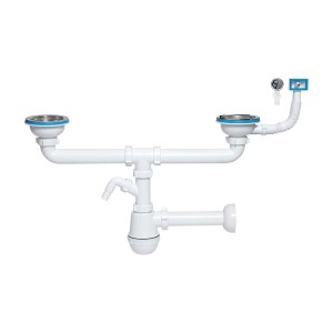 Biały syfon do zlewu dwukomorowego, plastikowy zestaw odpływowy.