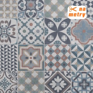 Dekoracyjne wykładziny podłogowe PCV we wzory płytek w kolorze niebieskim, beżowym i brązowym.