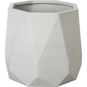 Nowoczesna, biała doniczka t.b.t. o geometrycznym wzorze do użytku wewnątrz i na zewnątrz.