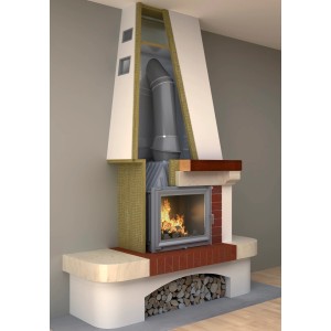 Kominek z izolacją z wełny mineralnej. Widoczny ogień.