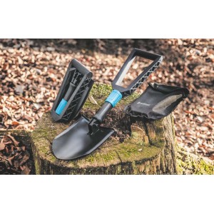 Czarny składany szpadel z pokrowcem i etui do campingu i ogrodu.