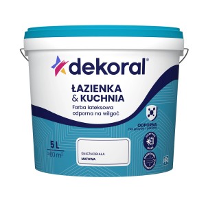 Farba lateksowa Dekoral do łazienek i kuchni, śnieżnobiała i odporna na wilgoć.