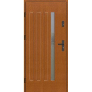 Nowoczesne drzwi zewnętrzne w kolorze drewna z szybą i frezowaniem pionowym.