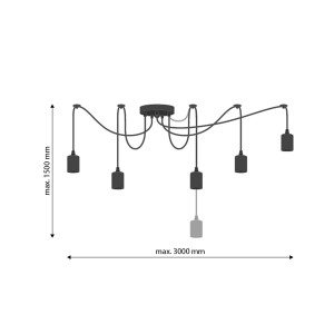 Czarna lampa wisząca t.b.t. z sześcioma żarówkami do użytku wewnętrznego.