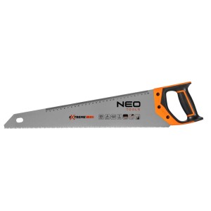 Piła ręczna NEO Tools z pomarańczowo-czarną rękojeścią. Idealna do obróbki drewna.