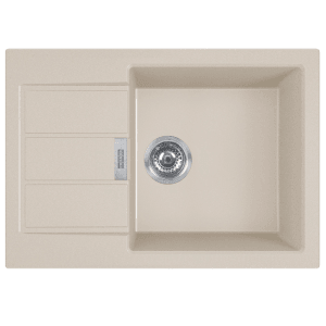 Beżowy zlewozmywak granitowy z ociekaczem i komorą.