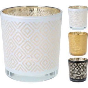 Świecznik t.b.t. w różnych kolorach z geometrycznym wzorem.