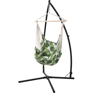 Fotel wiszący Lytton z motywem dżungli i czarną ramą na relaksujące chwile w ogrodzie lub w domu.