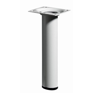 Biała noga do stołu Hettich, Ø 30 mm x 150 mm, z płytką montażową.