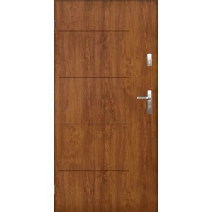 Brązowe drzwi zewnętrzne z poziomymi liniami dekoracyjnymi i srebrną klamką.