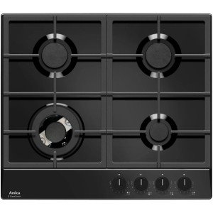 Czarna płyta kuchenna z czterema palnikami i pokrętłami.