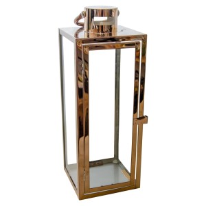 Nowoczesny, złoty lampion metalowy ze szklanymi panelami.