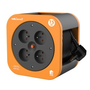 Pomarańczowy przedłużacz bębnowy z 4 gniazdami i kablem 7,5 m.