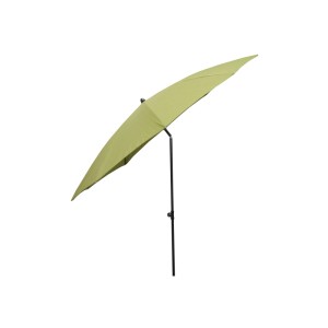 Zielony parasol balkonowy t.b.t. z czarną podstawą.