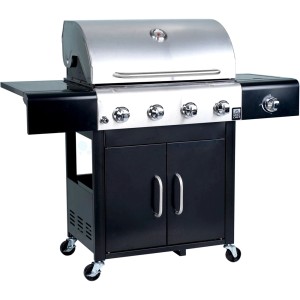 Grill gazowy t.b.t. z pokrywą ze stali nierdzewnej i szafką.