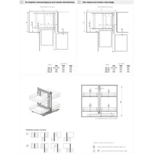 Rysunki techniczne systemu organizacji kuchni t.b.t. z wymiarami i detalami.