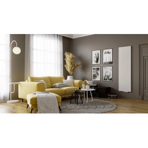 Biały grzejnik t.b.t. w salonie z żółtą sofą i dekoracjami.