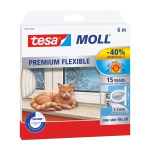 Opakowanie uszczelki Tesa Moll Premium Flexible, akcesoria okienne z kotem na parapecie.