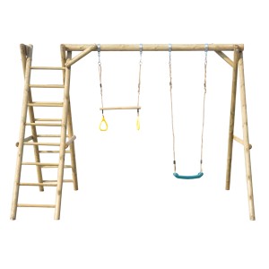 Drewniana huśtawka z drabinką, drążkiem gimnastycznym i siedziskiem dla dzieci.