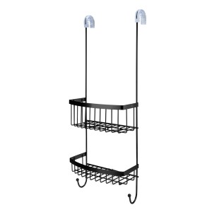 Czarna wisząca półka łazienkowa z dwoma koszykami i haczykami, część zestawu akcesoriów łazienkowych.