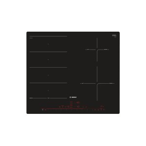 Czarna płyta indukcyjna Bosch z czterema strefami gotowania i panelem dotykowym.
