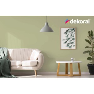 Pokój dzienny z farbą do ścian t.b.t. (Kolorowe farby do ścian) w delikatnym odcieniu zieleni.