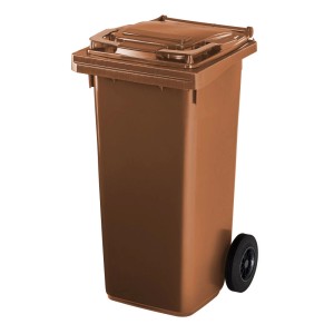 Brązowy pojemnik na odpady z pokrywą i kołami.