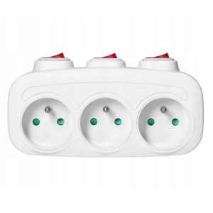 Biała listwa zasilająca t.b.t. z trzema włącznikami i gniazdami.