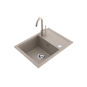 Beżowy zlewozmywak granitowy z baterią i ociekaczem.