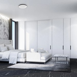 Nowoczesny plafon LED t.b.t. w sypialni z minimalistycznym designem.