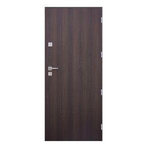Ciemnobrązowe drzwi wewnętrzne z drewnianą strukturą i srebrną klamką.