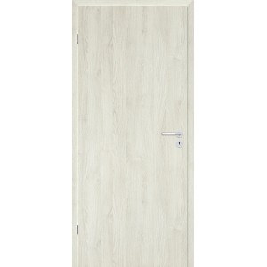 Jasne wewnętrzne drzwi z drewnianą strukturą i srebrną klamką.