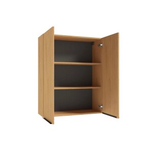 Otwarta szafka kuchenna (t.b.t.) z trzema półkami w kolorze drewna.