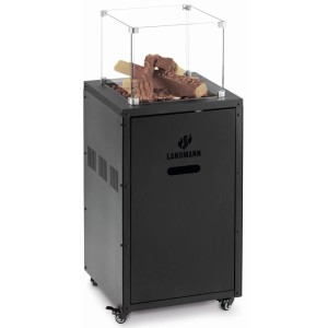 Czarne palenisko Landmann ze szklanym blatem i polanami drewna, mobilne Misy paleniskowe.