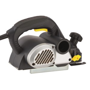 Strug elektryczny t.b.t. do obróbki drewna, czarno-srebrny z żółtymi akcentami.