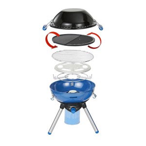 Grill gazowy Campingaz Party 400 CV, Ø 36 cm, modułowy. Niebieska podstawa, płyta grillowa, ruszt, pokrywa wok. Grill mobilny.