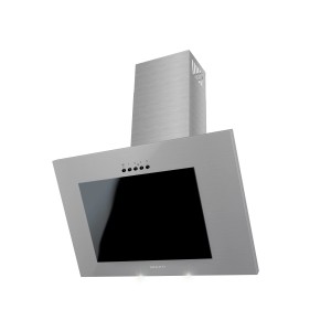 Nowoczesny, srebrny okap ścienny t.b.t. do kuchni.