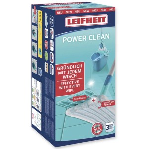 Zestaw do mycia podłóg Leifheit Power Clean M w kartonie, składający się z mopa, nakładki, wiadra i wyciskacza.