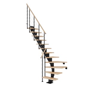 Nowoczesne schody wewnętrzne z drewnianymi stopniami i czarną metalową barierką.