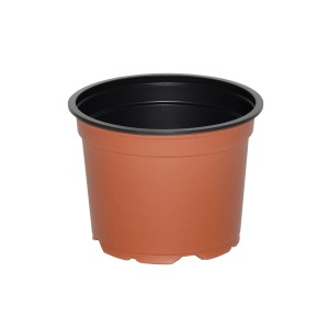 Brązowa plastikowa doniczka do użytku wewnątrz i na zewnątrz.