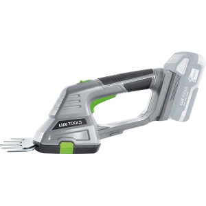 Akumulatorowe nożyce do trawy i krzewów LUX A-GS-20/20 z akumulatorem, szarym uchwytem i nasadką nożycową.