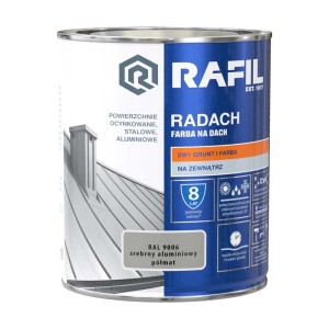Farba dachowa Rafil, srebrny aluminium (RAL 9006), do powierzchni ocynkowanych, stalowych i aluminiowych.