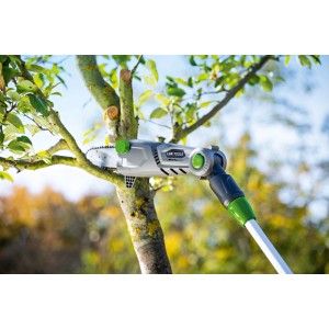 Akumulatorowa pilarka łańcuchowa przycina gałąź. Akumulatorowe piły łańcuchowe.