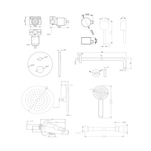 Rysunek techniczny zestawu prysznicowego t.b.t. z wymiarami i detalami.