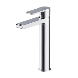 Błyszcząca, chromowana bateria umywalkowa t.b.t. do nowoczesnych łazienek.