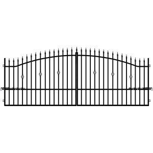 Czarna metalowa brama ogrodzeniowa z ozdobnymi grotami i rombowym dekorem.