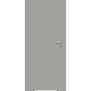 Szare drzwi wewnętrzne t.b.t. z srebrną klamką. Prosty design do każdego pomieszczenia.